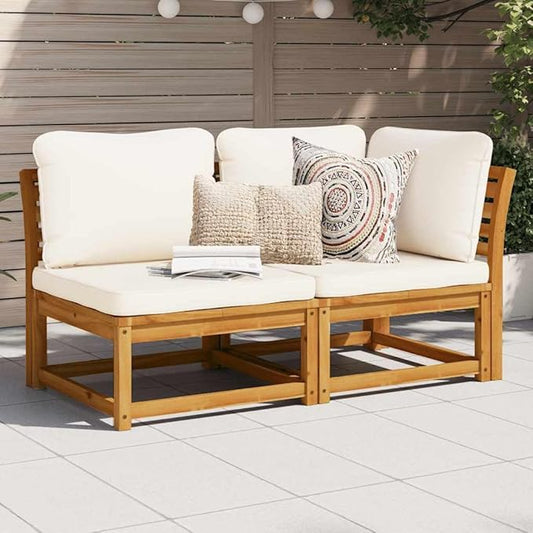 2 Piece Outdoor Sectional Sofa Set Cream White Acacia Wood Patio Couch with Removable Cushions Slatted Design Modular Small Balcony Garden Conversation for Deck Lawn Sunroom