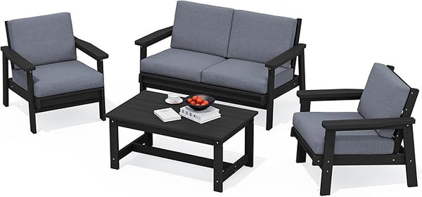 SERWALL 4 Piece HDPE Outdoor Furniture Set, All Weather Wood-Like Outdoor Sofa Sectional Couch - Photo 1