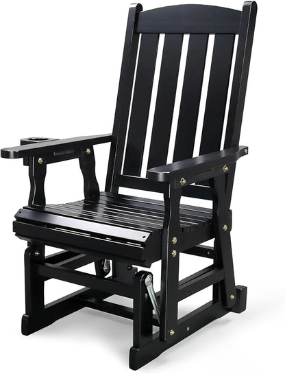 VINGLI Wooden Patio Glider, Heavy Duty 600 LBS Outdoor Glider with Cup Holders, Single Wooden Glider Bench with High Backrest for Garden, Yard, Patio, Black