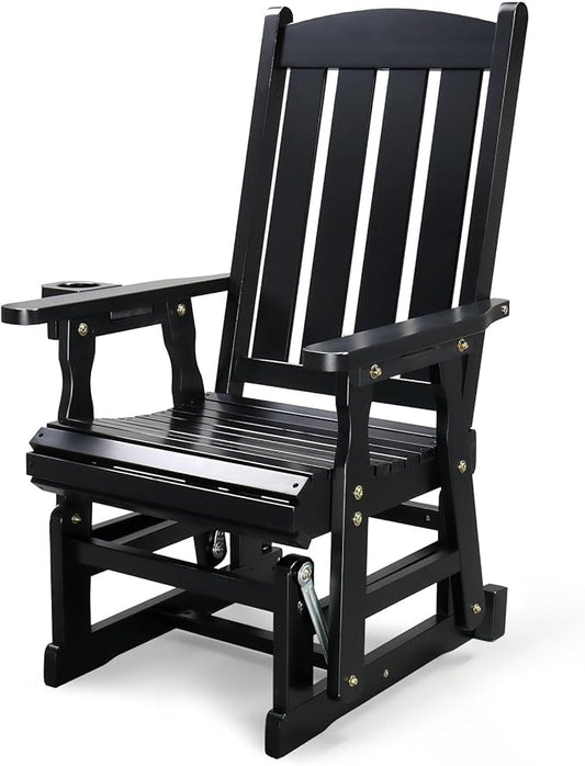 VINGLI Wooden Patio Glider, Heavy Duty 600 LBS Outdoor Glider with Cup Holders, Single Wooden Glider Bench with High Backrest for Garden, Yard, Patio, Black