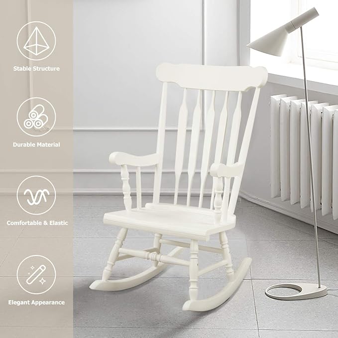 Giantex Outdoor Wood Rocking Chair Set of 2 - Patio Rocking Chair with Rubber Wood Frame, Slat Back, Outside & Indoor Rocker for Garden, Poolside, Balcony, Backyard, Lawn, Front Porch Rocker, White