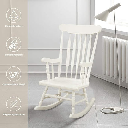 Giantex Outdoor Wood Rocking Chair - Patio Rocking Chair with Solid Rubber Wood Frame, Slat Back, Outside & Indoor Rocker for Garden, Poolside, Balcony, Backyard, Lawn, Front Porch Rocker, White