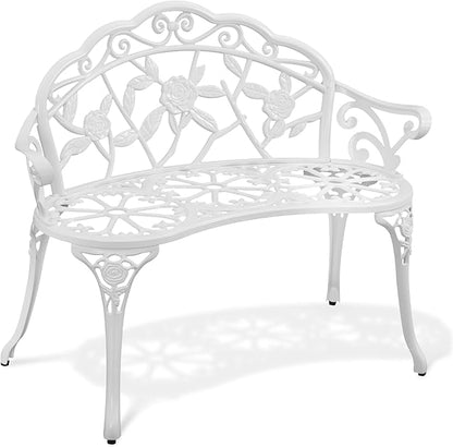 Outdoor Bench, Cast Aluminum Double Seating with Backrest and Armrests, Mental Outdoor Furniture for Patio, Porch, Garden, Park, White Rose