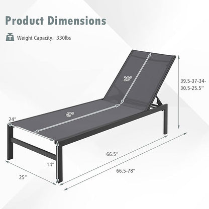 Giantex Patio Chaise Lounge Chair, Outdoor Sunbathing Chair Lawn Reclining Lounger with 6 Adjustable Position, Aluminium Frame, Outside Tanning Chairs for Deck,Yard, Pool Lounge Chairs (1, Gray)