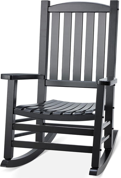 Wooden Outdoor Rocking Chair, Oversized Patio Rocking Chair w/400lbs Support & High Backrest | Porch, Lawn, Garden, Backyard，Black
