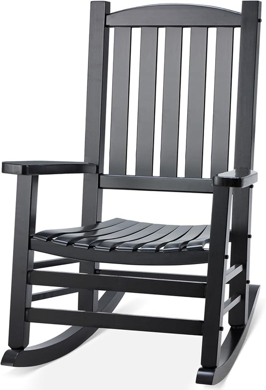 Wooden Outdoor Rocking Chair, Oversized Patio Rocking Chair w/400lbs Support & High Backrest | Porch, Lawn, Garden, Backyard，Black