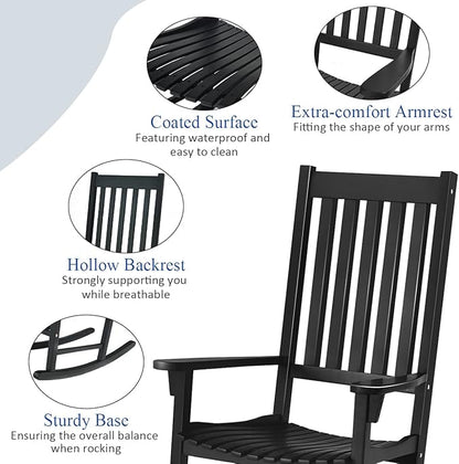 Tangkula Acacia Wood Porch Rocking Chair, Wooden Rocking Chair Rocker with High Back & Armrest for Indoor Outdoor Use, Patio Rocker for Garden Lawn Balcony Backyard Poolside (1, Black)