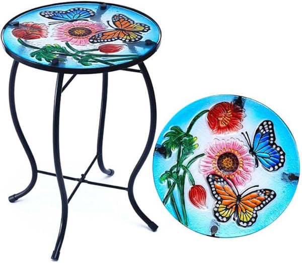 10 Inch Round Butterfly Glass Side Table, Patio Small Table, Outdoor Side Table, Outdoor Bar Table - Photo 1