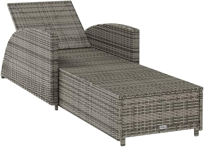 Adjustable Grey PE Rattan Outdoor Chaise Lounge 79.1x26.4x11.2 in for Patio, Garden or Balcony, Powder-Coated Steel Frame Sun Lounger with Thick Cushion for Poolside Relaxation