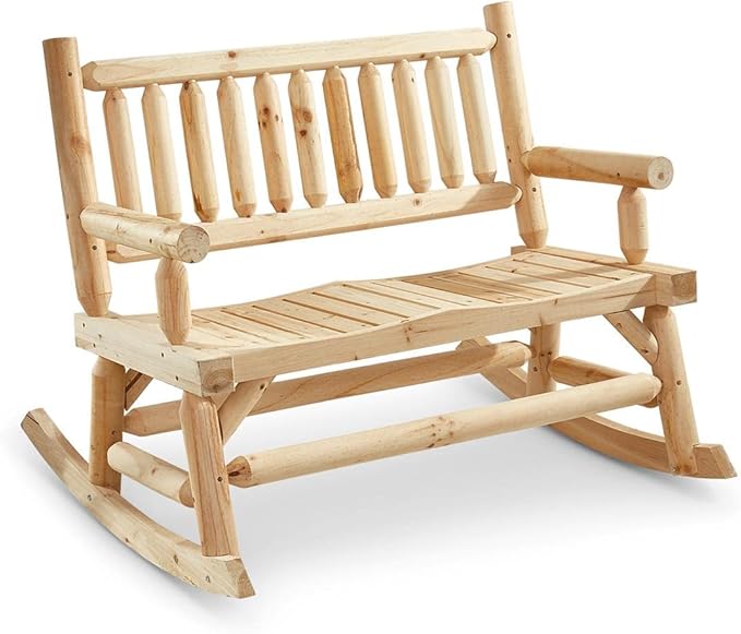 Double Outdoor Rocking Chair for Patio, Wooden Front Porch Bench Two Seat