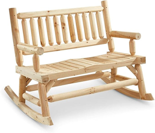 Double Outdoor Rocking Chair for Patio, Wooden Front Porch Bench Two Seat