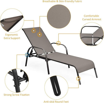 COSTWAY Outdoor Lounge Chairs Set of 2, Patio Chaise Lounge Recliner with Heavy Duty Steel Frame, 5-Position Adjustable Backrest for Deck, Beach, Pool (2, Brown)