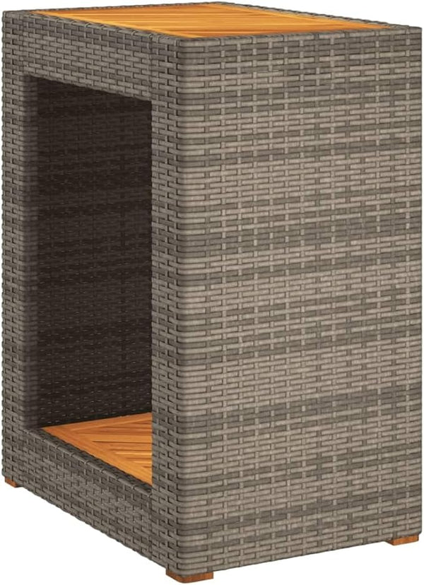 vidaXL Modern Grey Garden Side Table with Wooden Top 23.6x15.7x29.5 in Poly Rattan and Steel Frame Weather Resistant - Photo 1
