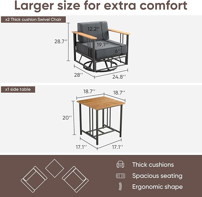 Patio Furniture Set of 3,with 6-inch Thick Cushion Outdoor Furniture Set, Swivel Rocking Chairs Set,Wood Grain armrests,trapezoidal backrest,Indoor/Outdoor Balcony Seating Dark Gray | Gray