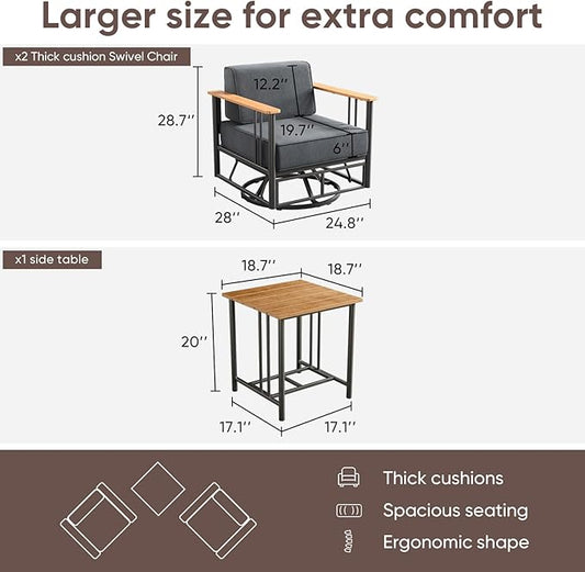 Patio Furniture Set of 3,with 6-inch Thick Cushion Outdoor Furniture Set, Swivel Rocking Chairs Set,Wood Grain armrests,trapezoidal backrest,Indoor/Outdoor Balcony Seating Dark Gray | Gray