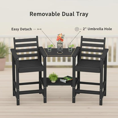 GLANC Tall Adirondack Chairs Set of 2, All Weather Resistant HDPE Bar Height Balcony Adirondack Chair with Removable Connecting Trays, Outdoor Adirondack Barstools for Deck Patio Pool Lawn (Black)