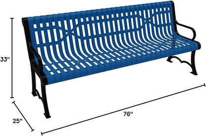 COATEDOUTDOORFURNITURE Heavy-Duty Outdoor Bench Thermoplastic Coated, Slated Steel, Commercial-Grade Garden Bench, Made in America (Portable with Back, 6 Ft, Textured Light Blue)