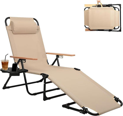 Folding Lounge Chairs for Outside, Beach Patio Lounge Chair, Sunbathing/Tanning Chair with 4 Adjustable Backrest & Cup & Pillow,Holds 330 Lb, Outdoor Garden Pool (Beige)