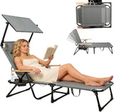 Folding Outdoor Chaise Lounge Chair with Arms, 4 Position Sunbathing Lounge Chair with Shade - Photo 1