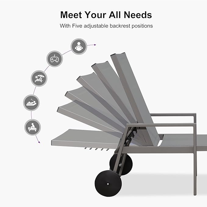 PURPLE LEAF Outdoor Chaise Lounge Set for 2 Aluminum Patio Chaise Lounger Chairs with Armrest and Wheels Adjustable Pool Chaise Lounge Chair for Beach Yard Poolside Table Included, Light Grey