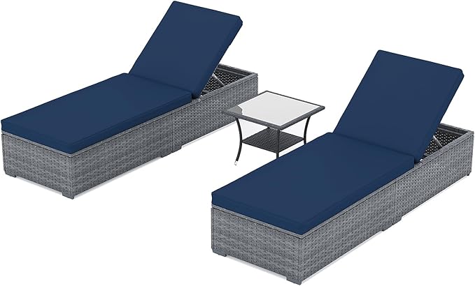 JOIVI Chaise Lounge Chairs Set of 2 w/Coffee Table, 5 Angle Backrest and Removable Cushions, PE Wicker Rattan Outdoor Lounge Chair Pool Lounger Patio Reclining Chair, 3-Piece Pool Furniture, Navy Blue
