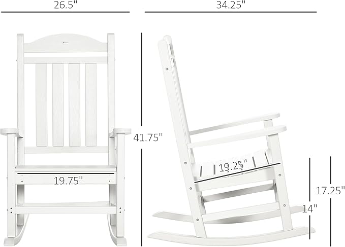 Outsunny 2 Pieces Outdoor Rocking Chair, All Weather-Resistant HDPE Rocking Patio Chairs with Rustic High Back, Armrests, Oversized Seat and Slatted Backrest, 350lbs Weight Capacity, White