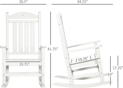 Outsunny 2 Pieces Outdoor Rocking Chair, All Weather-Resistant HDPE Rocking Patio Chairs with Rustic High Back, Armrests, Oversized Seat and Slatted Backrest, 350lbs Weight Capacity, White