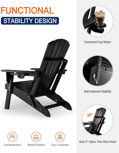 Adirondack Chairs Set of 2 for Outdoor Patio: Sturdy HDPE Plastic Fire Pit Chairs with Cup Holder & Wood Texture - Comfortable Easy to Assembly All-Weather Furniture - Easy Foldable and Stackable
