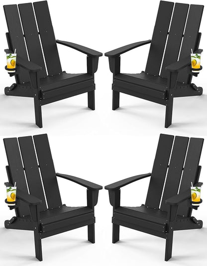 Adirondack Chair with Cup Holder Set of 4, Folding Outdoor Lawn Chair, HDPE Plastic Fire Pit Chair, Weather Resistant Patio Chairs for Deck, Porch, Backyard, Garden, Black