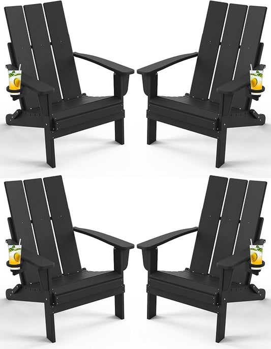 Adirondack Chair with Cup Holder Set of 4, Folding Outdoor Lawn Chair, HDPE Plastic Fire Pit Chair, Weather Resistant Patio Chairs for Deck, Porch, Backyard, Garden, Black