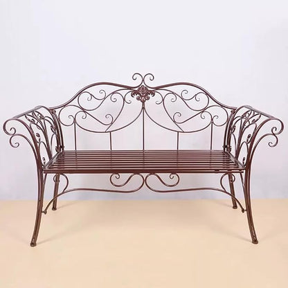 European Style Metal Garden Bench with Exquisite Carvings - Outdoor Patio Seating for Lawn, Park & Yard - Classic Brown Color, Perfect for Relaxation & Decor