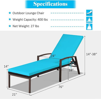 Tangkula 2 PCS Patio Rattan Chaise Lounge Chair, Outdoor Reclining Chaise with Cushion and Armrest, Wicker Sun Lounger with Adjustable Backrest for Garden, Balcony, Poolside