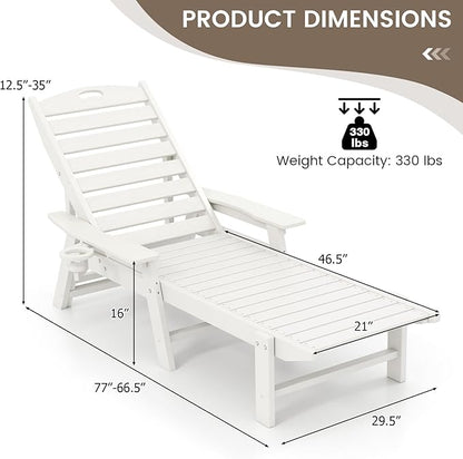 Giantex Adjustable Chaise Lounge Outdoor - Patio HDPE Reclining Chair Outdoor Recliner with 4-Position Backrest, Movable Cup Holder, Chaise Lounge Chair for Garden, Poolside, Backyard, White