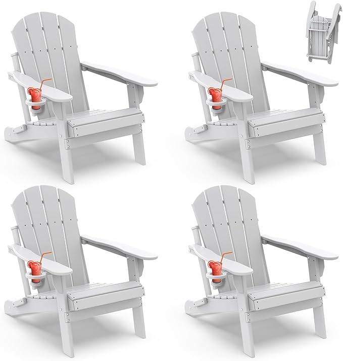 IVY&LANE Folding-Adirondack-Chairs-Set-of-4 | HDPE Plastic | Outdoor Fire Pit Chair with Cup Holder | White | Poly | Weather Resistant | for Patio Deck Poolside Garden Beach