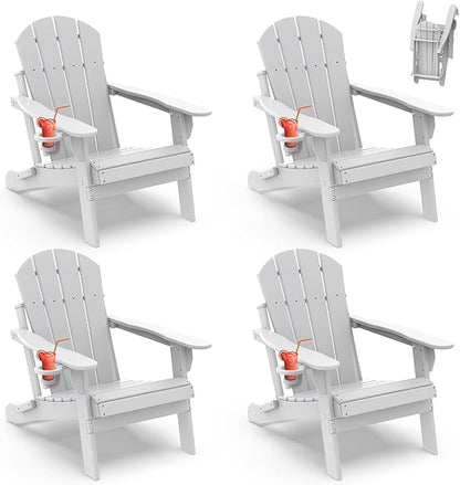 IVY&LANE Folding-Adirondack-Chairs-Set-of-4 | HDPE Plastic | Outdoor Fire Pit Chair with Cup Holder | White | Poly | Weather Resistant | for Patio Deck Poolside Garden Beach
