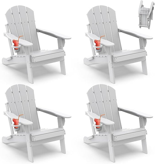 IVY&LANE Folding-Adirondack-Chairs-Set-of-4 | HDPE Plastic | Outdoor Fire Pit Chair with Cup Holder | White | Poly | Weather Resistant | for Patio Deck Poolside Garden Beach