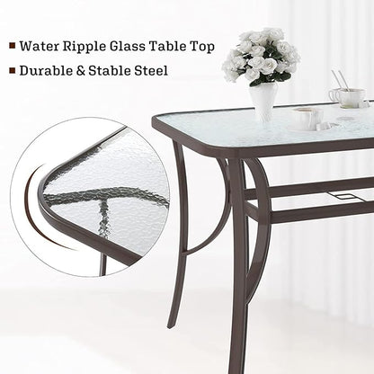 SDHYL 47-Inch Outdoor Dining Table with Tempered Glass Top – Patio Table with Umbrella Hole, Heavy Duty Steel Frame, Weather-Resistant Brown Finish for Garden, Poolside & Backyard
