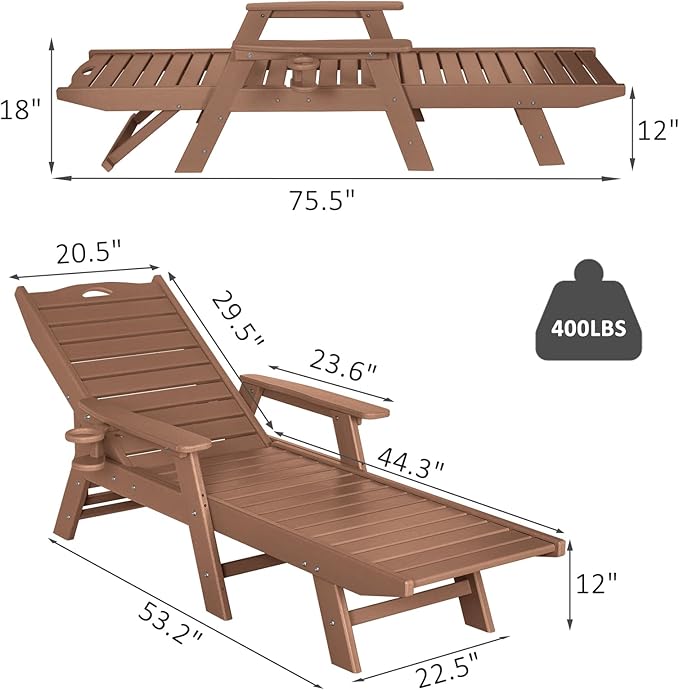nalone Chaise Lounge Outdoor with 5-Position Adjustable Backrest & Cup Holder, HDPE Lounge Chair for Outside Supports Up to 400 LBS, Pool Lounge Chairs for Patio Poolside Deck Beach Backyard (Teak)