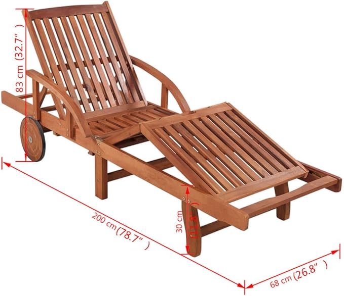 Acacia Wood Adjustable Outdoor Chaise Lounge Chair Brown 79 x 26.8 x 32.7 in Weather Resistant Poolside Sun Lounger - Photo 2