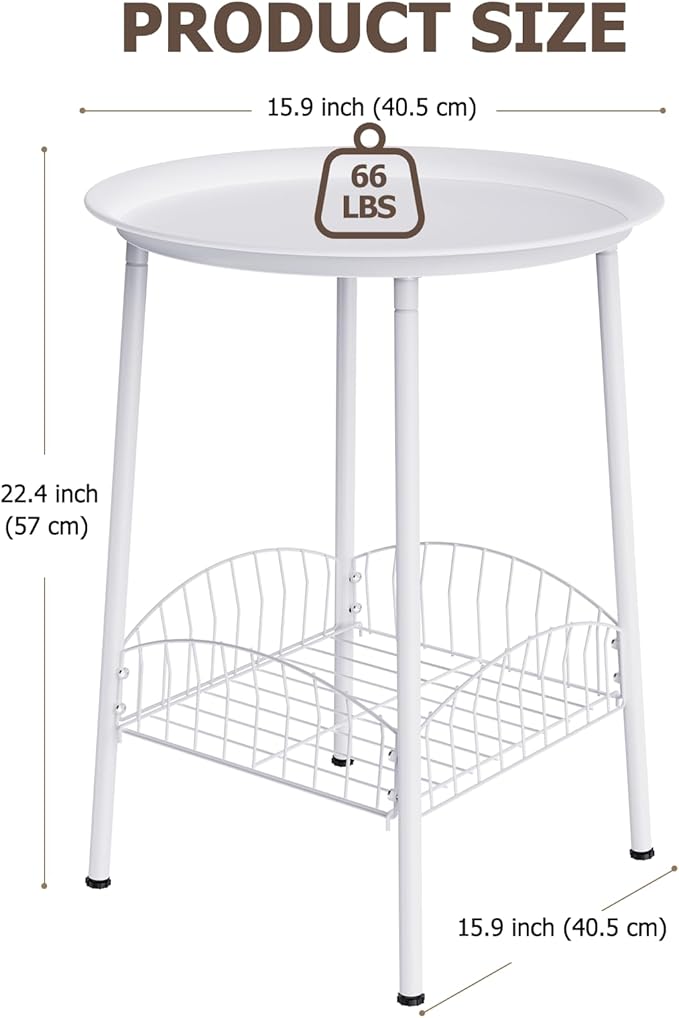 Small Outdoor Side Table, 2-Tier Round Metal Patio Table, Accent Table Waterproof, Weather Resistant End Table for Yard Porch Pool Balcony Garden Bedside (White)