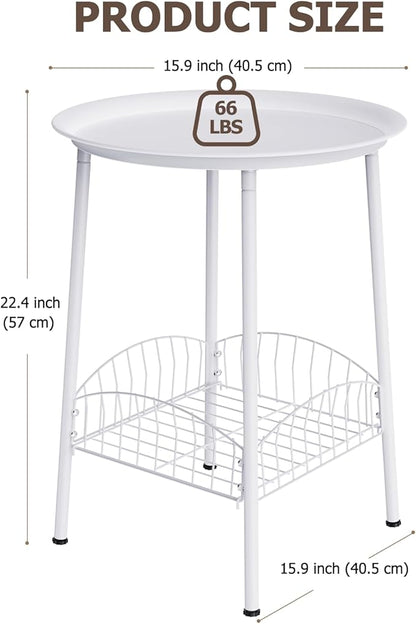 Small Outdoor Side Table, 2-Tier Round Metal Patio Table, Accent Table Waterproof, Weather Resistant End Table for Yard Porch Pool Balcony Garden Bedside (White)