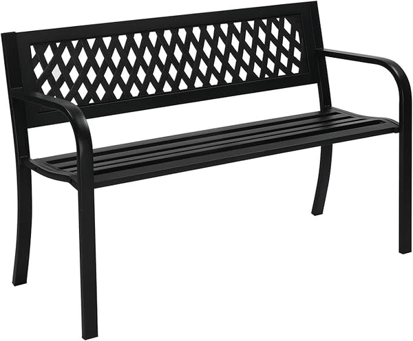 Outvita Outdoor Bench, 47" Metal Garden Bench Patio Park Furniture with Plastic Backrest Powder-Coated Chair Yard Entryway Deck Porch Black