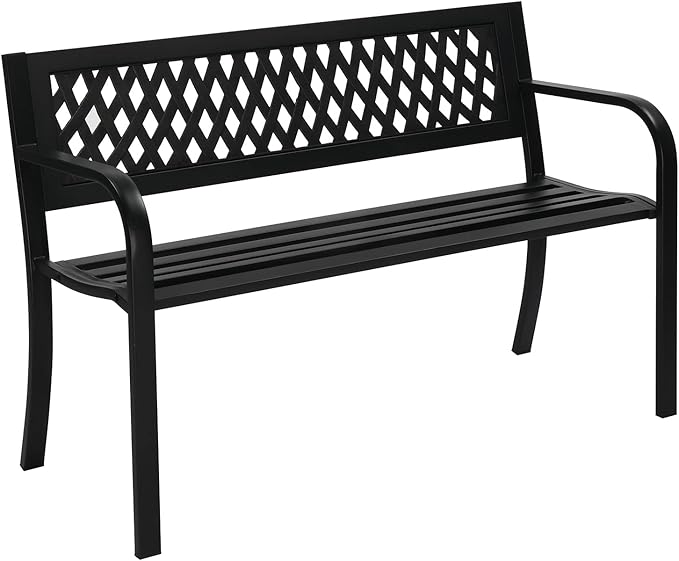 47" Outdoor Garden Bench Metal Patio Park Bench Elegant Porch Deck Loveseat with PVC Grid Pattern Backrest,Black