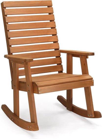 Bonnlo Outdoor Wooden Rocking Chair with High Backrest, Solid Fir Wood Rocking Chair, Heavy Duty 600 LBS Patio Rockers for Garden, Yard, Patio