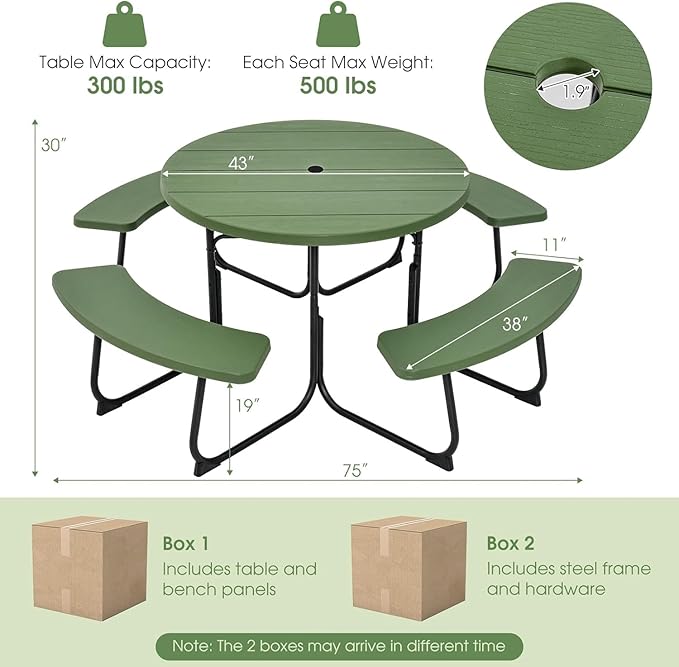Round Picnic Table for Outdoors, 8 Person Outdoor Picnic Tables & Benches Set with Umbrella Hole - Photo 3