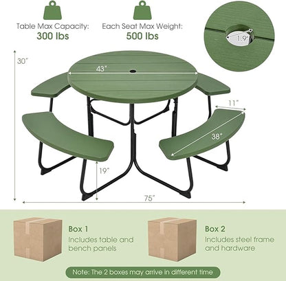 Round Picnic Table for Outdoors, 8 Person Outdoor Picnic Tables & Benches Set with Umbrella Hole, HDPE Tabletop & Metal Frame, 2000 LBS Capacity Table Bench Set for BBQ, Garden, Lawn, Patio