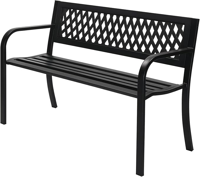 47" Outdoor Garden Bench Park Bench with Steel Frame & PVC Backrest, Park Bench with Large Seat for 2-3 People, Patio Furniture Chair for Yard, Balcony, Porch & Poolside, Garden Welcome Bench,Black