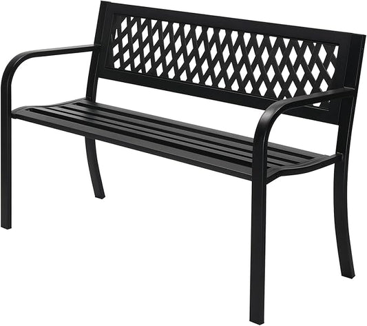47" Outdoor Garden Bench Park Bench with Steel Frame & PVC Backrest, Park Bench with Large Seat for 2-3 People, Patio Furniture Chair for Yard, Balcony, Porch & Poolside, Garden Welcome Bench,Black