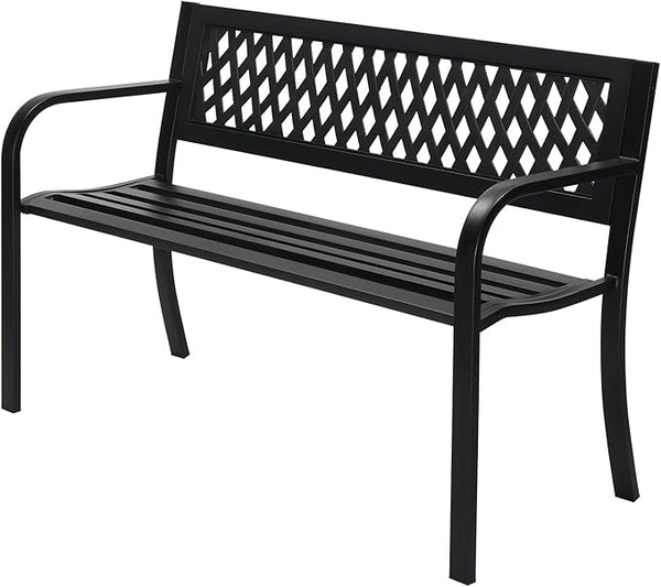 47" Outdoor Garden Bench Park Bench with Steel Frame & PVC Backrest, Park Bench with Large Seat for 2-3 People, Patio Furniture Chair for Yard, Balcony, Porch & Poolside, Garden Welcome Bench,Black