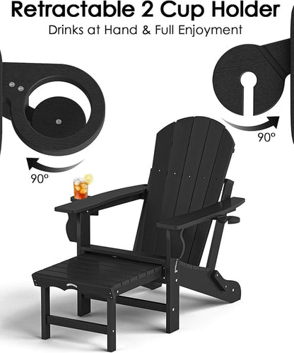 Folding Adirondack Chair with Ottoman, Recyclable HDPE Adirondack Patio Chair with 2 Cup Holder, Outdoor Fire Pit Chairs with Pull Out Footrest, Weather Resistant for Garden, Deck, Poolside,Black
